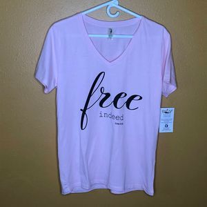 Pink Free Indeed V-Neck Christian Graphic T-Shirt